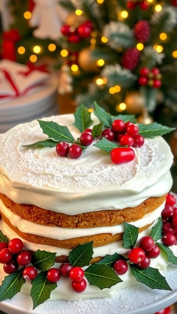 A festive Christmas cake with white frosting and glitter snow, garnished with berries and holly.